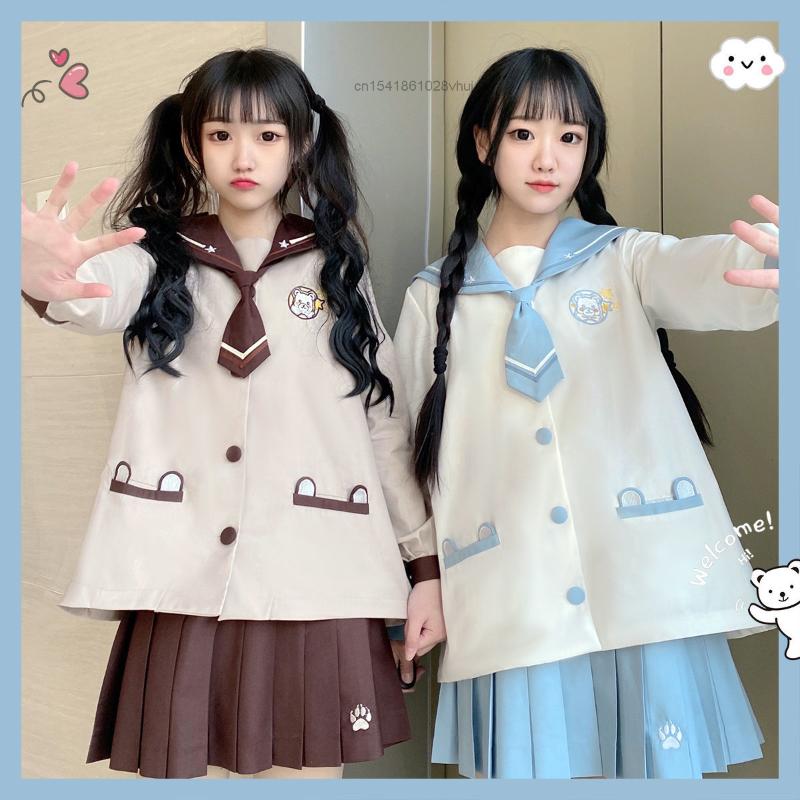 

Work Dresses Fashion Lovely School JK Uniform Japanese Student Long Short Sleeves Tees Blouses Kawaii Lolita Girl Sailor Suits Pleated Skirt, A t-shirt tie