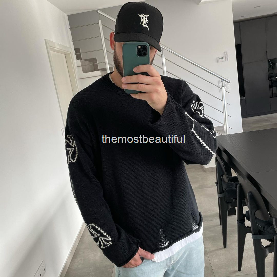 

Men' Hoodies & Sweatshirts 21ss hip hop high street hand damaged torn round neck sweater Pullover Sweater men' and women' fashion, 2# packing bag