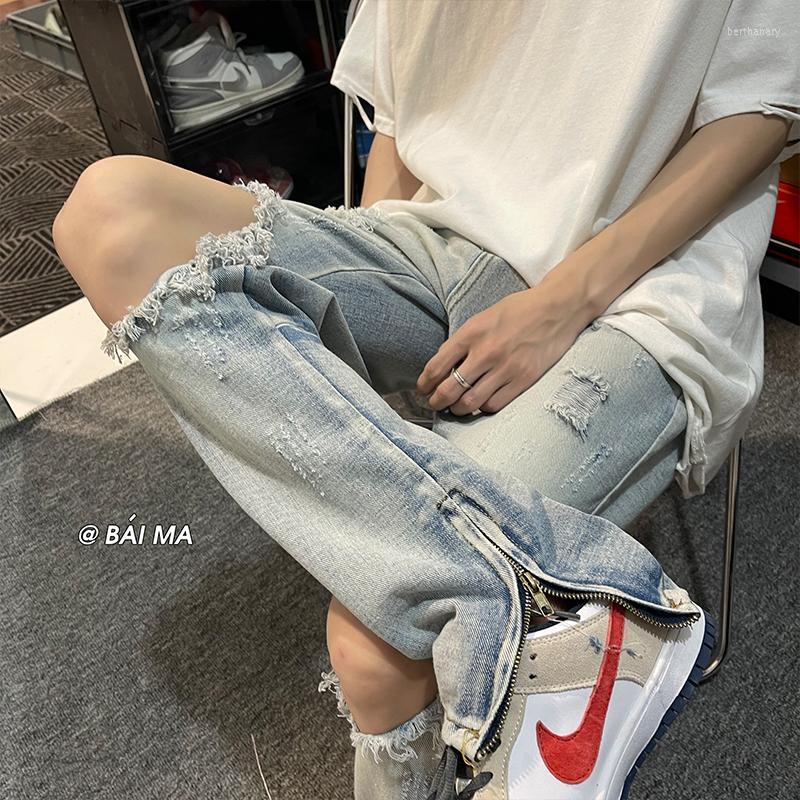 

Men' Jeans Men Streetwear Knee Ripped Loose Hip Hop Fashion Hole Pants Zipper Ankle High Quality Male Casual Mopping Denim TrousersMen' Be, White