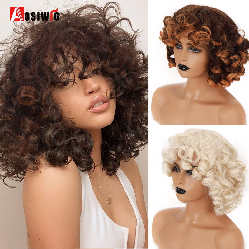 Costume Accessories Afro Kinky Curly Wig With Bangs For Black Women Short Natural Hair Curls Cosplay Anime Glueless Blonde Synthetic Wigs-image-772761248