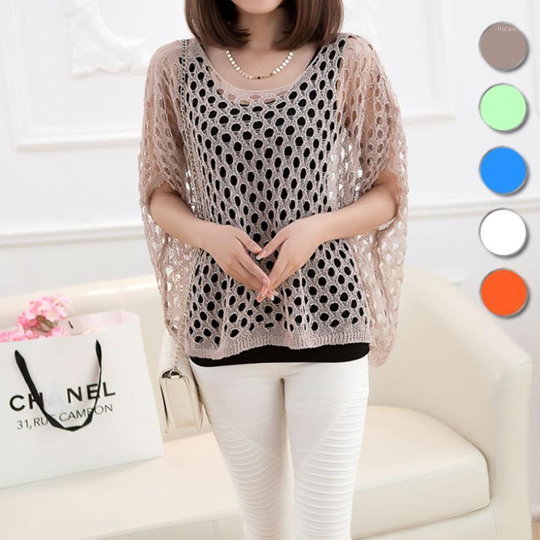 

Korean 2022 Casual Summer Blouses Women Shirt Hollow Out Knit Shirts Irregular Hem Loose Knitwear Bat Sleeve Blouse Women's &, Blue