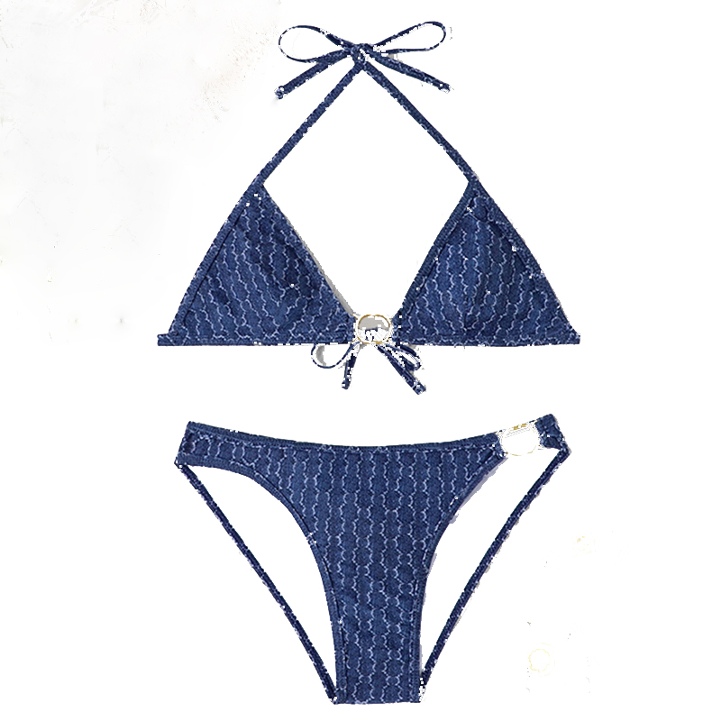 

Solid Color Women Bikini Set Letter Jacquard Swimwear Triangle Designers Lady Backless Bra Summer Beach Bathing Suit, Blue