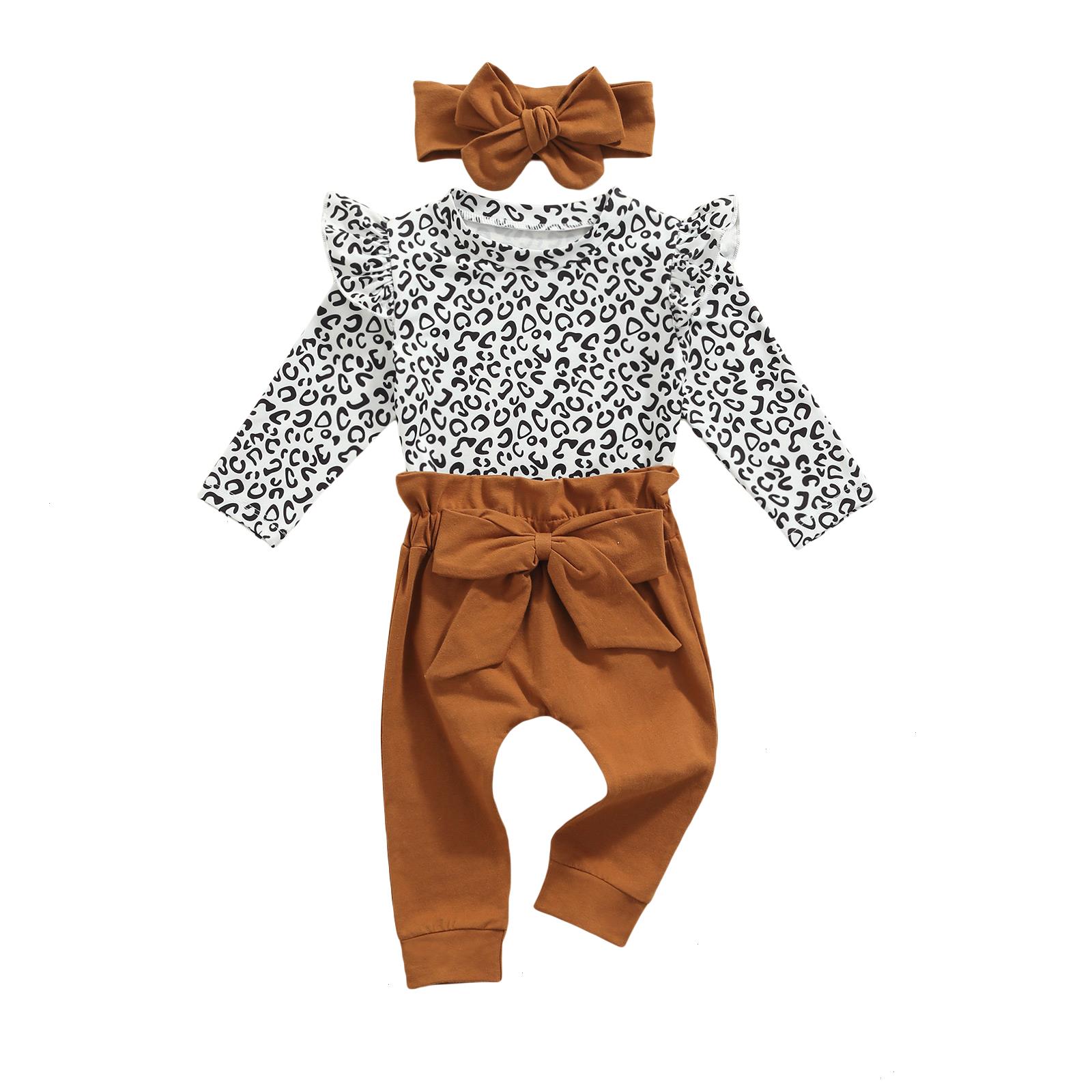 

Autumn Infant Baby Girls Fall Sets Outfits Long Sleeve Leopard Ruffle Romper Bow Tie Pants Headband Spring Clothes Set, As picture