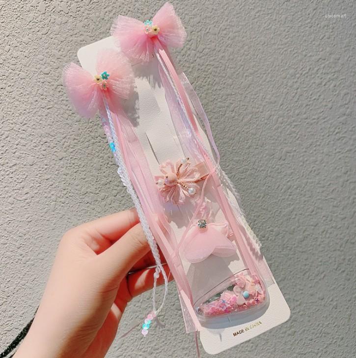 

Hair Accessories 5pcs Kids Pink Yarn Lace Flower Bow Pins With Ribbon Wrap Children Girls Hairpins Organza Clips