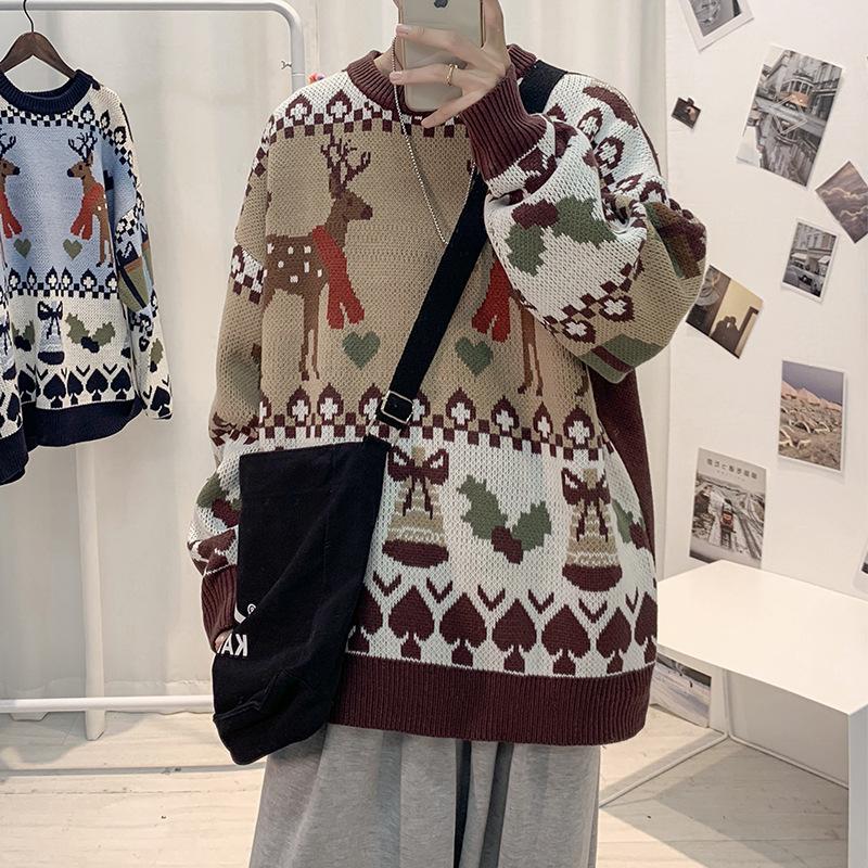 

Men' Sweaters Christmas Deerlet Sweater Mens O-neck Cartoon Print Jersey Fall Winter Japan Style Loose Clothes Ugly Khaki Blue Hip Hop Swea