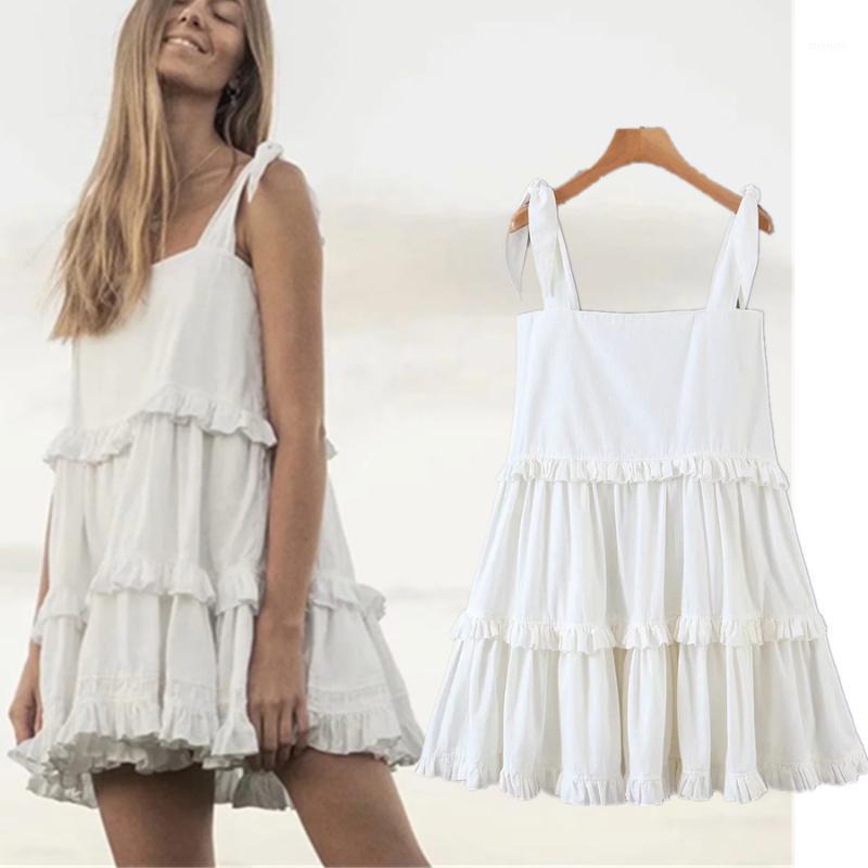 

Casual Dresses Withered Summer Dress Women Vestidos Indie Folk Vintage Washed Spaghetti Strapless Cascading Sexy Mini Holiday Beach, White