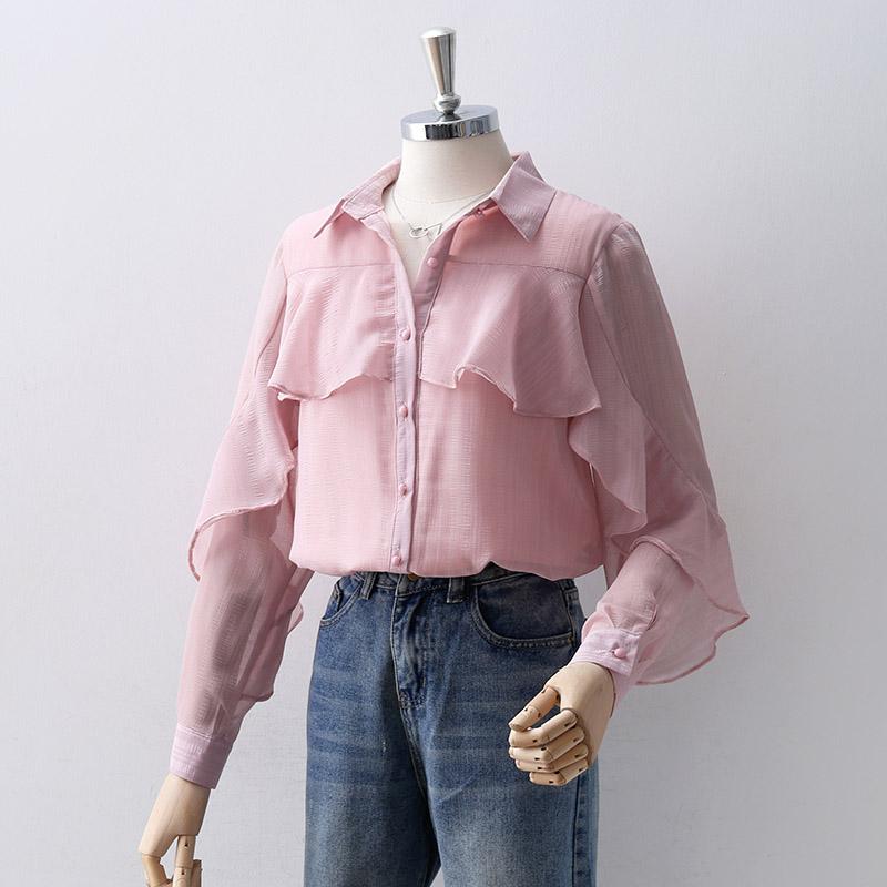 

Women' Blouses & Shirts Ruffles Pink Chiffon Women Summer Design 2022 Solid Long-Sleeved Elegant Office Lady Outwear TopsWomen