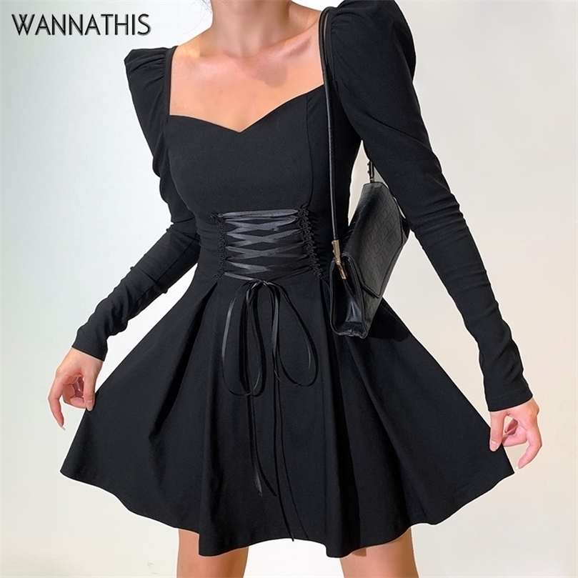 

WannaThis Bandage Pleated Women Mini Dresses Autumn Puff Long Sleeve Sweetheart Neck ALine Sexy Party Streetwear Black Vestidos 220607