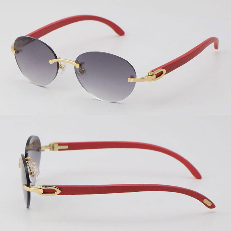 

New Model Designer Luxury Red Wood Metal Rimless Sunglasses Woman Design Classical Model Wooden Sun glasses Man Fashion Male and Female Round Frame Size:54-18-140MM