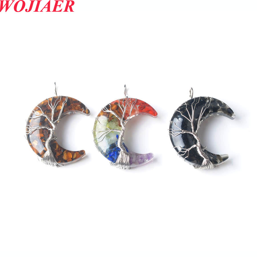 

WOJIAER Natural Stone Moon Tree of Life Pendant Crystal Craft Gift Chip Gem Jewelry Accessories BO980