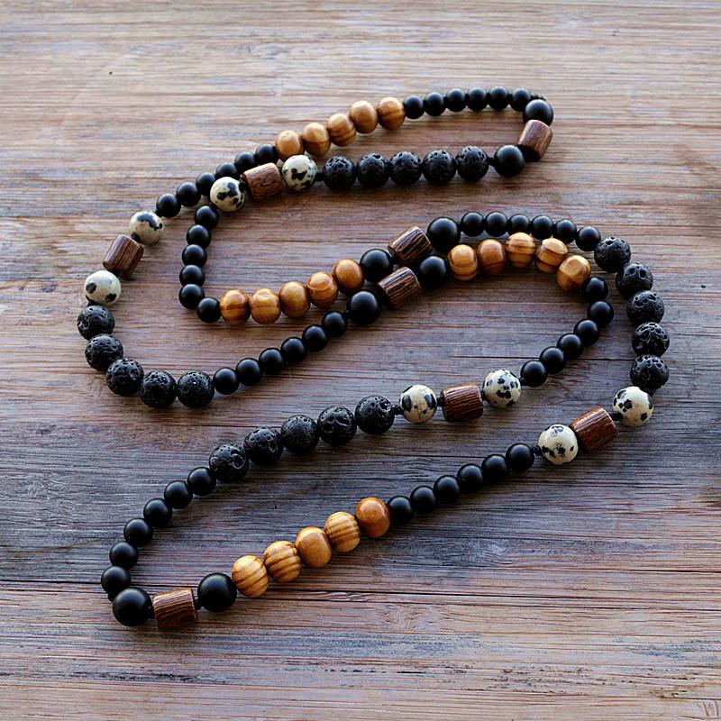 

Chains Black Lava Rock Stone & Wood Bead Necklace Long Men Women NecklaceChains