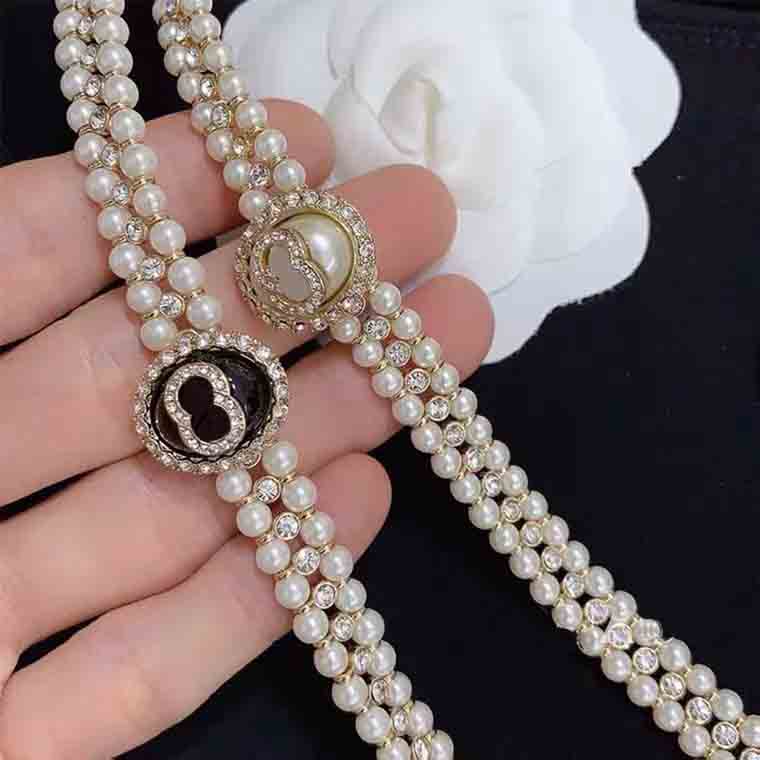 Choker Necklaces Pendants Pearl Double Pearl Rhinestone Black and White Clavicle Necklace Chokers Parallel Bar Luxury Diamond Cubic Zirconia Lobs-image-760769880