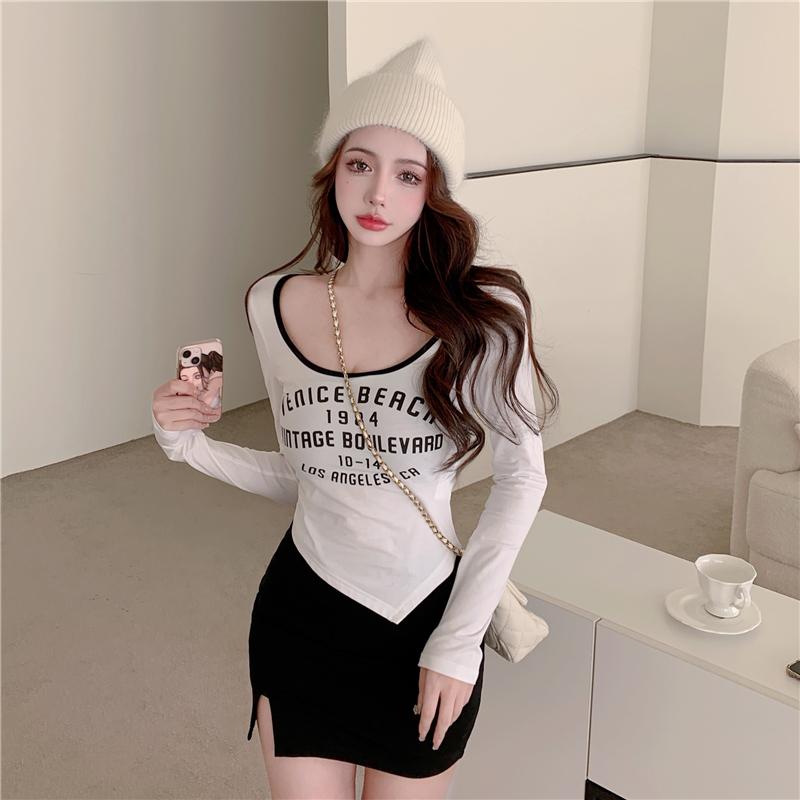 

Women's T-Shirt White Letter Print Asymmetrical Long Sleeve Graphic T Shirts 2022 Autumn Korean Women's Clothing Y2k Aesthetic Crop TopW