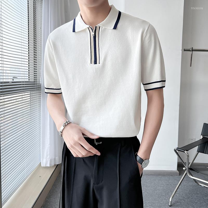 

Men's T-Shirts Summer Men Business Casual Short Sleeve Knit Sweater T-shirt Male Japan Korean Streetwear Fashion Commute Tees ShirtMen's Tri, White