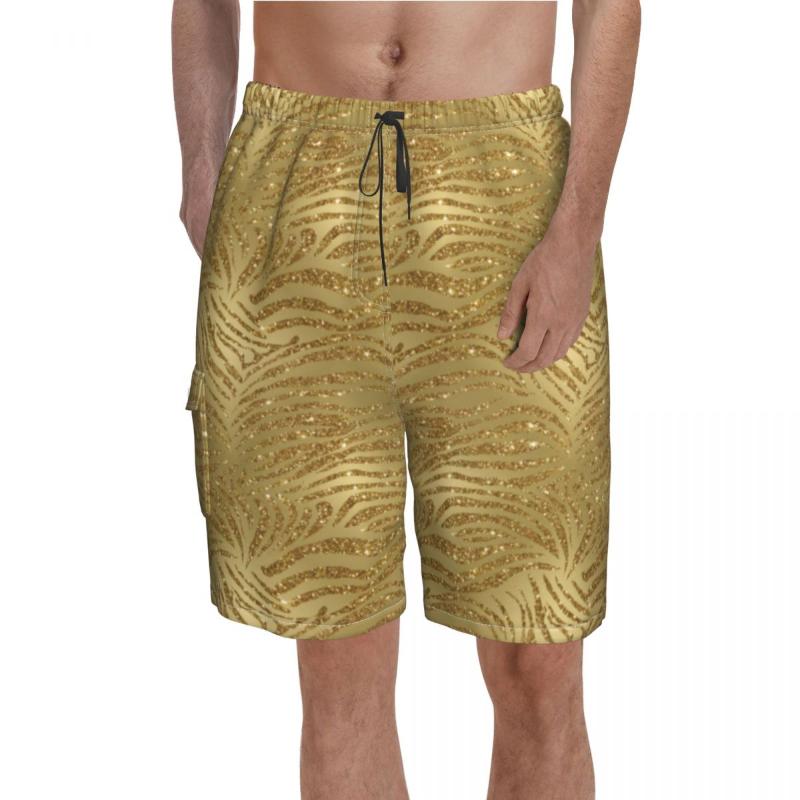 

Men' Shorts Sparkle Tiger Print Board Gold Glitter Stripes Beach High Quality Men Funny Custom Swim Trunks Large Size