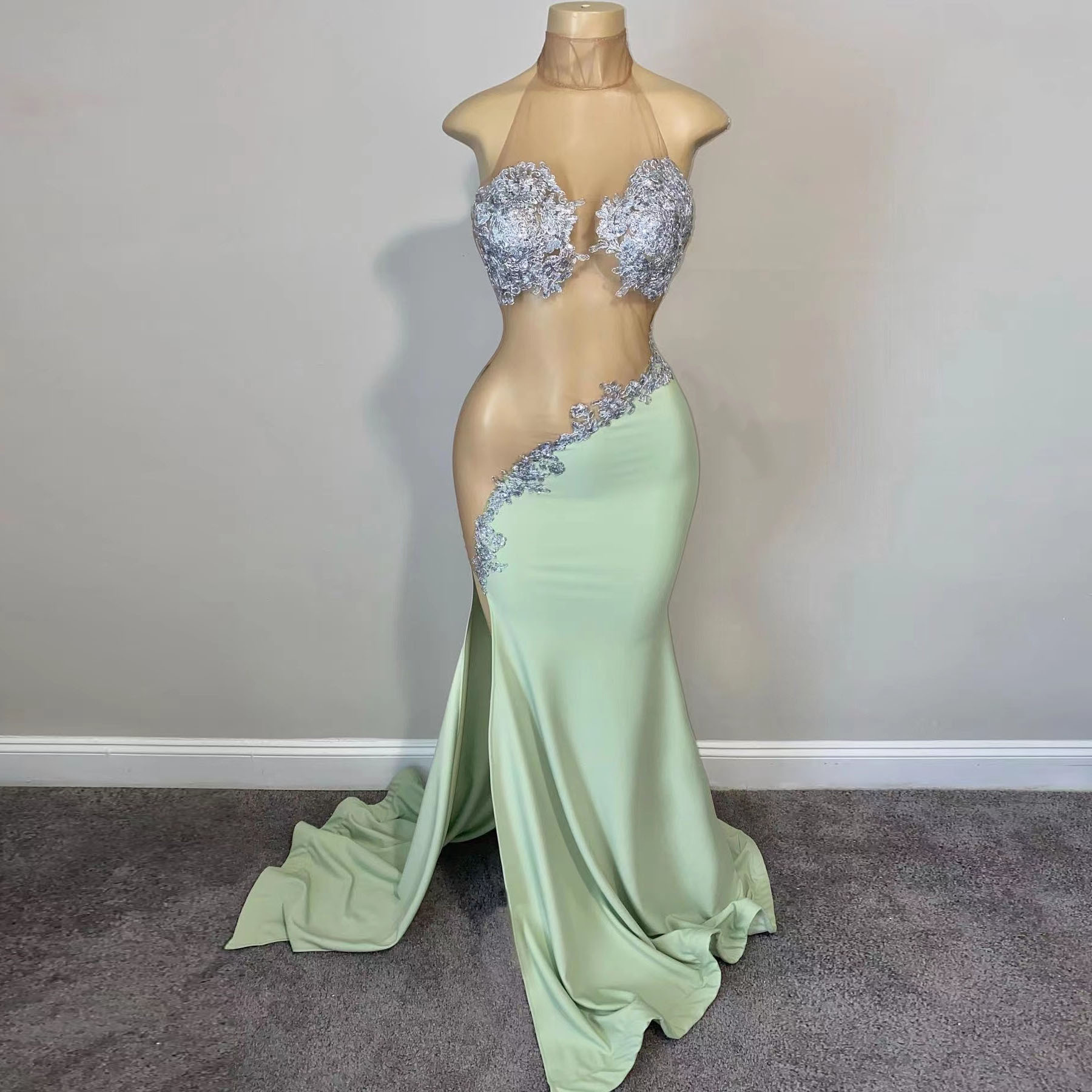 Green Sexy Illusion Sirène Robe de bal 2022 pour fille noire perle à paillettes sans manches riches de graduation à fente haute du soir robe de b
