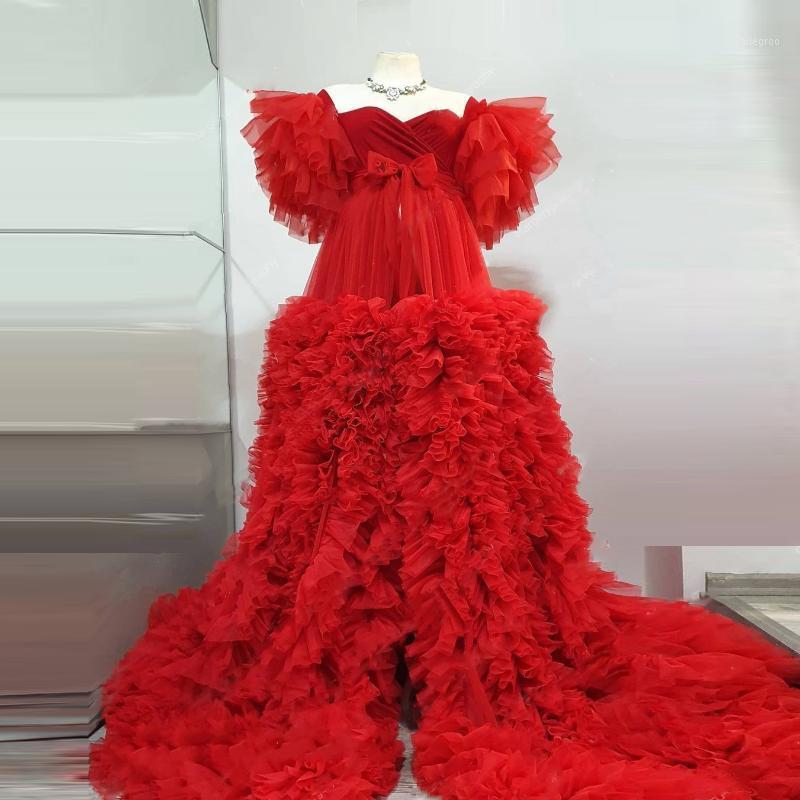 Robes de soirée Poshoot Robe de maternité rouge Fluffy Sweetheart Puffy Ruffles Robe de bal Cap Manches Tulle Dressing pour Baby Shower