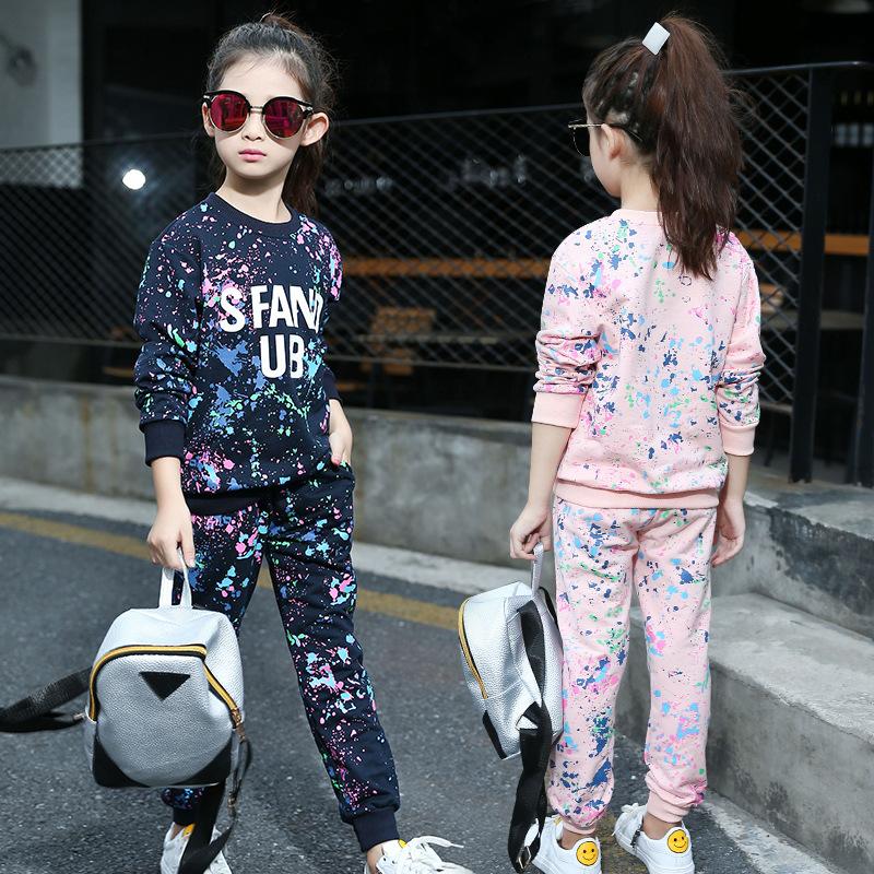 

Clothing Sets Spring And Autumn Girl Clothes Set Korean Graffiti Round Neck Long Sleeve Sweatshirt + Sweatpants Sports Suit 2 Piece, Blue