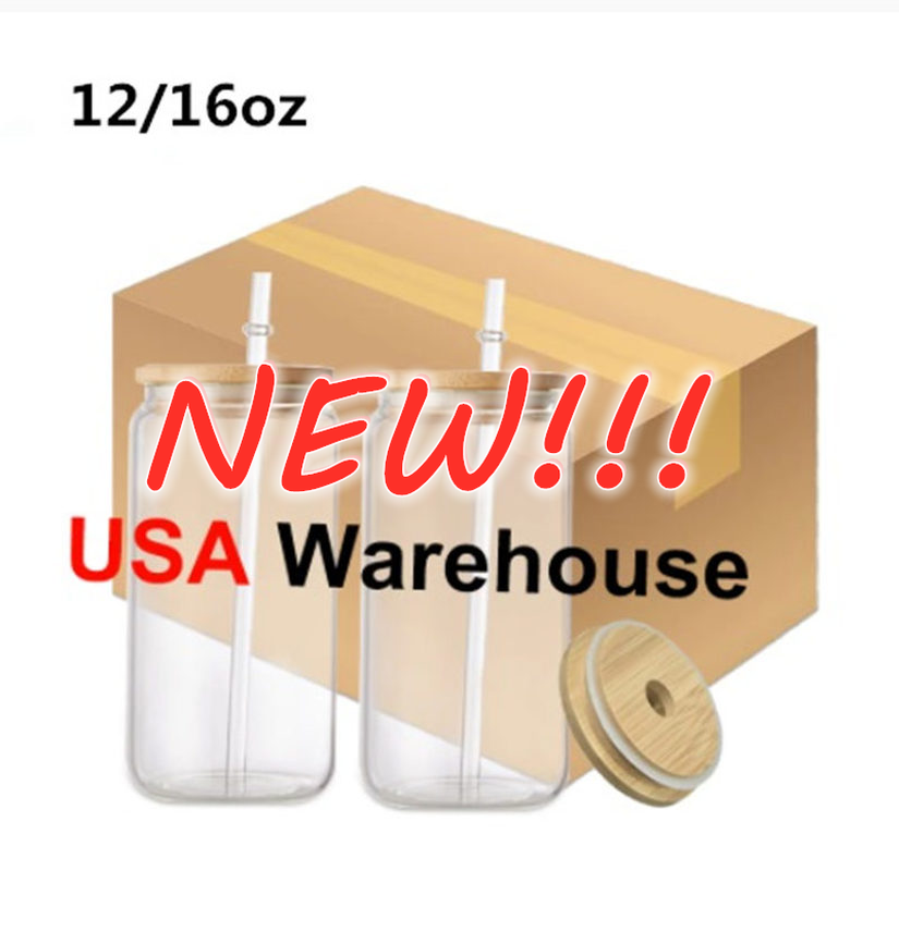 

US Local Warehouse 12oz 16oz Sublimation Glass Beer Mugs Glass Water Bottle Drinking Glasses With Bamboo Lid And Reusable Straw Iced Coffee Glasses, Clear with straw and lid
