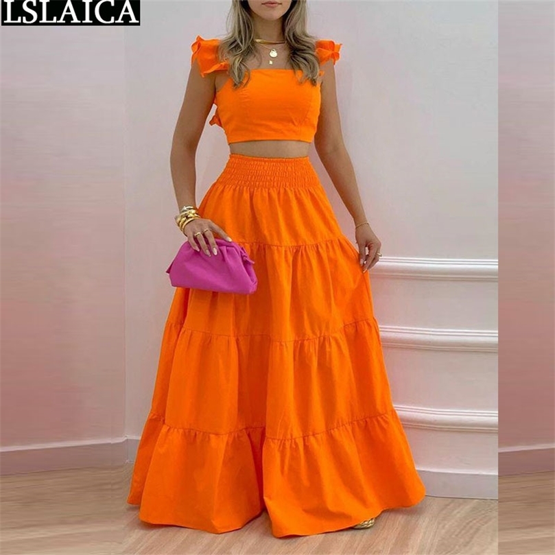 

Fashion Two Piece Sets Womens Outifits Summer Crop Top High Waist Loose Maxi Skirts Set Casual Solid Elegant Holiday 220704, Orange red