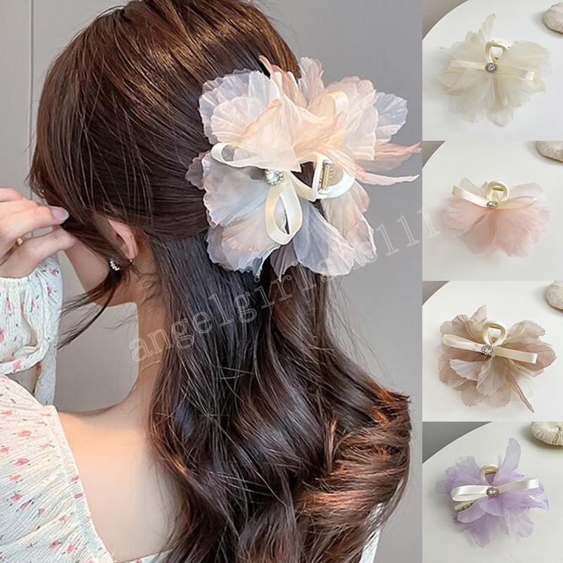 

Yarn Oversized Bowknot Flower Clamps Women Elegant Korean Mesh Hair Clip Inlaid Rhinestone Lace Hair Accessories