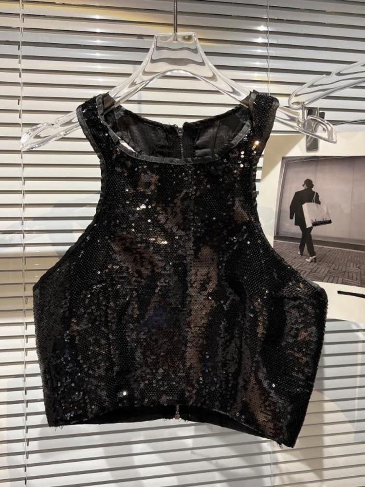 

Women' Tanks & Camis Summer 2022 Sleeveless O Neck Back Zipper Black Shiny Sequins Slim Tank Top Vest GE625Women