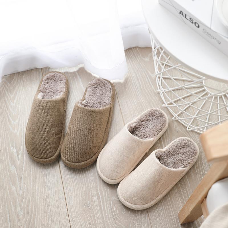 

Slippers Women Soft Plush Cotton Solid Color Cute Couple Unisex Non-Slip Floor Indoor Home Furry Shoes Bedroom, Beige