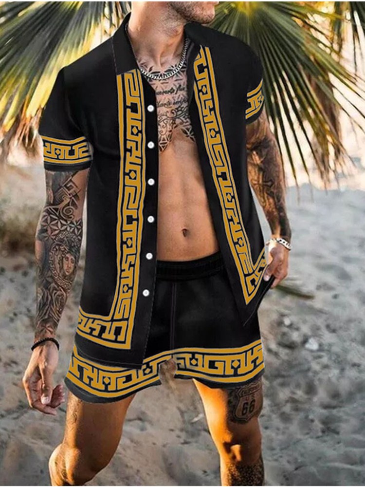 Men Summer Hawaiian Tracksuits Jogger Sport Printing Short Blouse Printed Beachwear Mens Casual Blusa Shirt Shorts Plus Size Hawaii Tops Tracksuit S