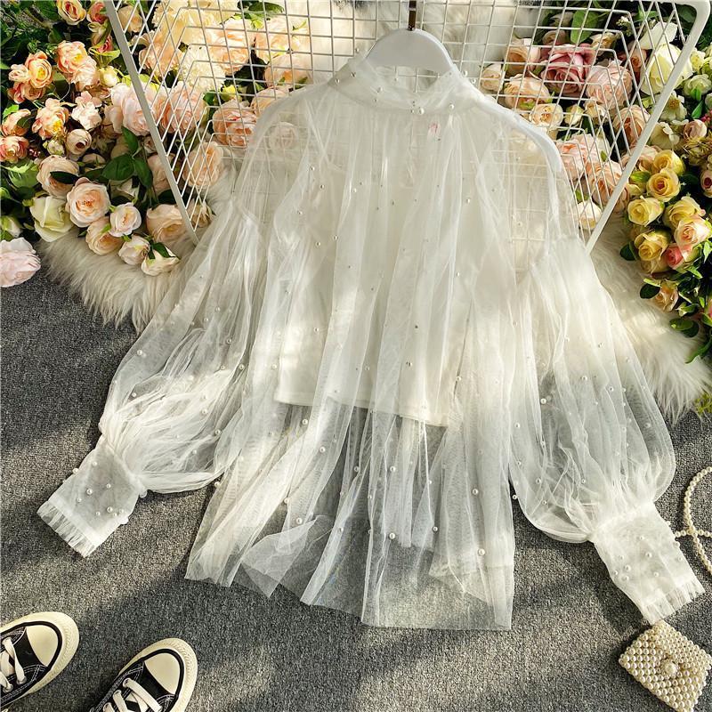 

Lace Shirt Perspective Mesh Beads Long Sleeve Stand Neck Blouse Tops + Solid Basic Sling Vest 2022 Women 4D305 Women's Blouses & Shirts, Black