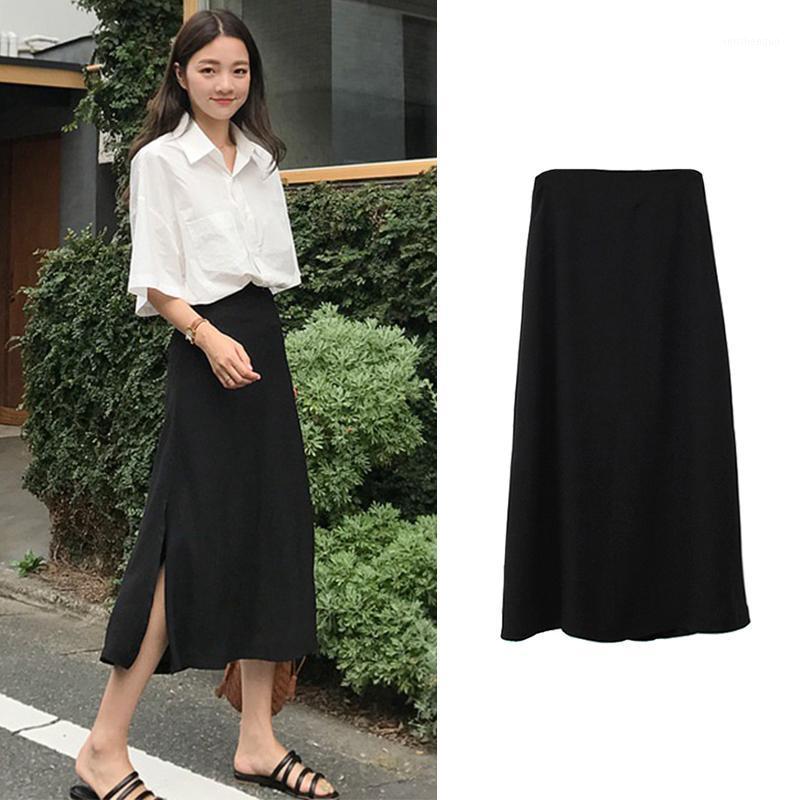 

Skirts Skirt Women  Spring And Summer 2022 Korean Version High Waist Thin Side Slit Medium Length A Line Black, See chart