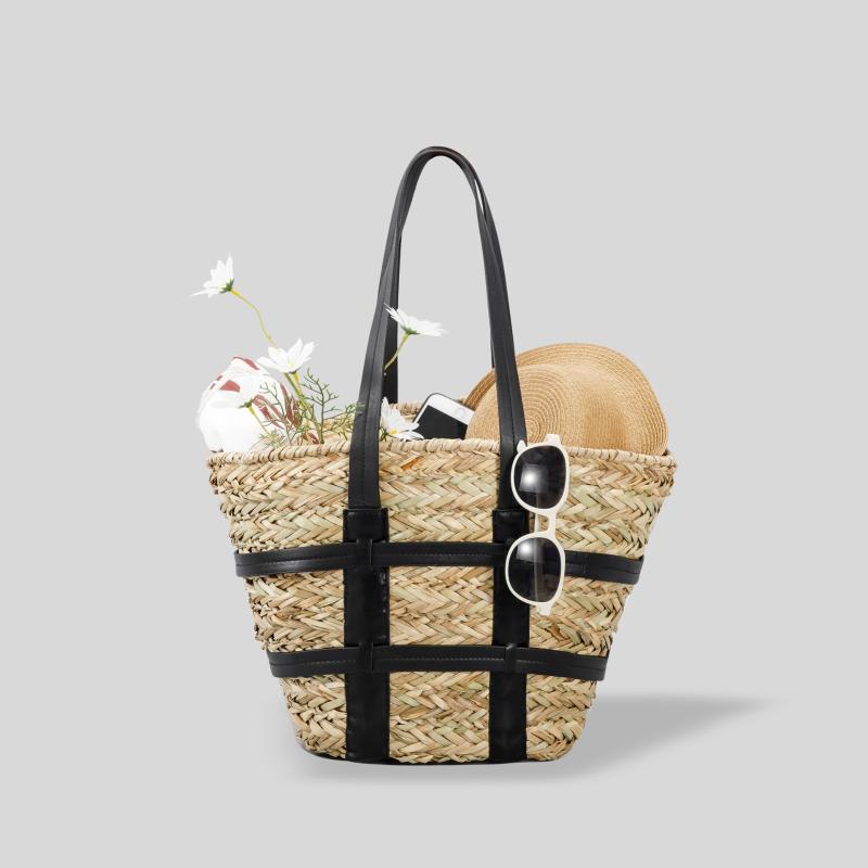

Evening Bags Women Summer Staw Braid Woven Big Beach Holiday Handbag For Lady Fashion Large Khaki Black Shoulder BagEvening