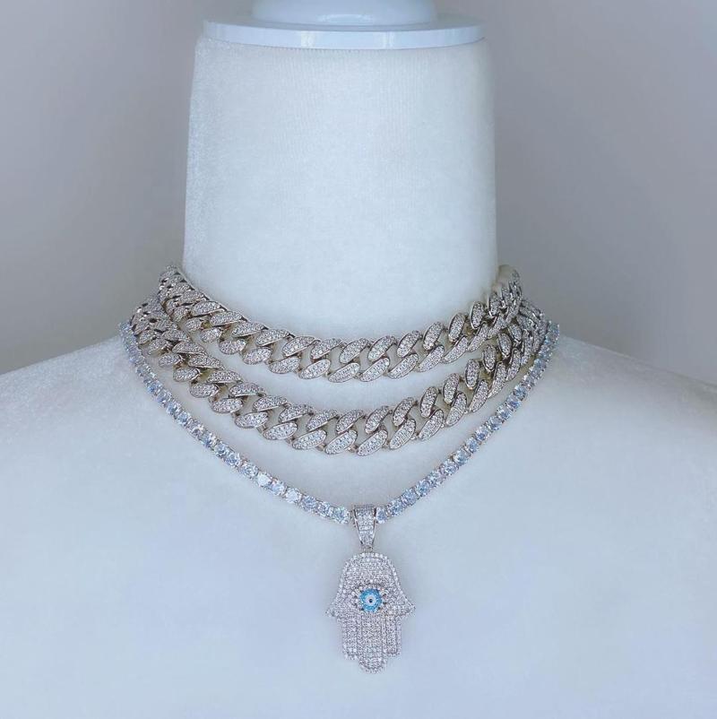 

Chains Iced Out Bling Sparking 5A Cz Box Chain Turkish Hamsa Hand Charm Necklaces For Women Fashion Gold Silver Color Hip Hop JewelryChains