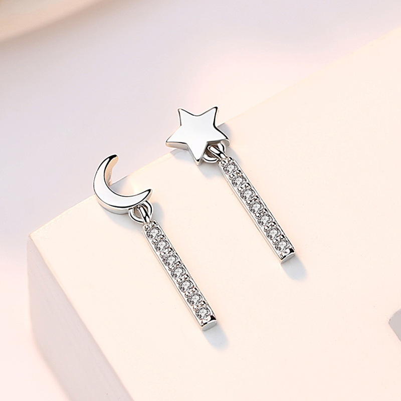

925 Sterling Silver Star Moon Earrings Female Diamond Inlaid Long Asymmetric
