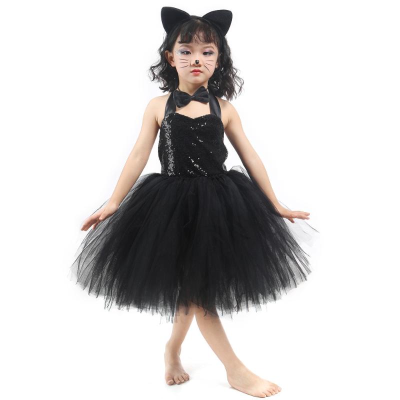 

Girl's Dresses Solid Black Sequins Cat Cosplay Halloween Costume For Kids Girls Animal Tutu Dress Outfit Toddler Baby Girl Birthday ClothesG, Dress headband set