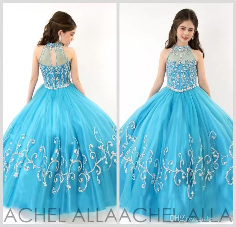 Robes de concours pour filles, en Tulle transparent, col haut, bleu, strass, perles de cristal, paillettes, longues robes à fleurs, nouvelle coll