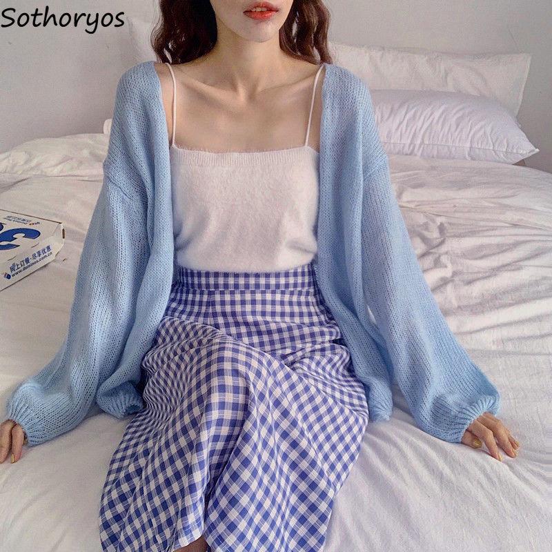 

Women's Knits & Tees Cardigan Women Solid Loose Summer Spring Outwear Casual Female Elegant Knitted Sweater Thin Simple Tops Korean Style Ul, White