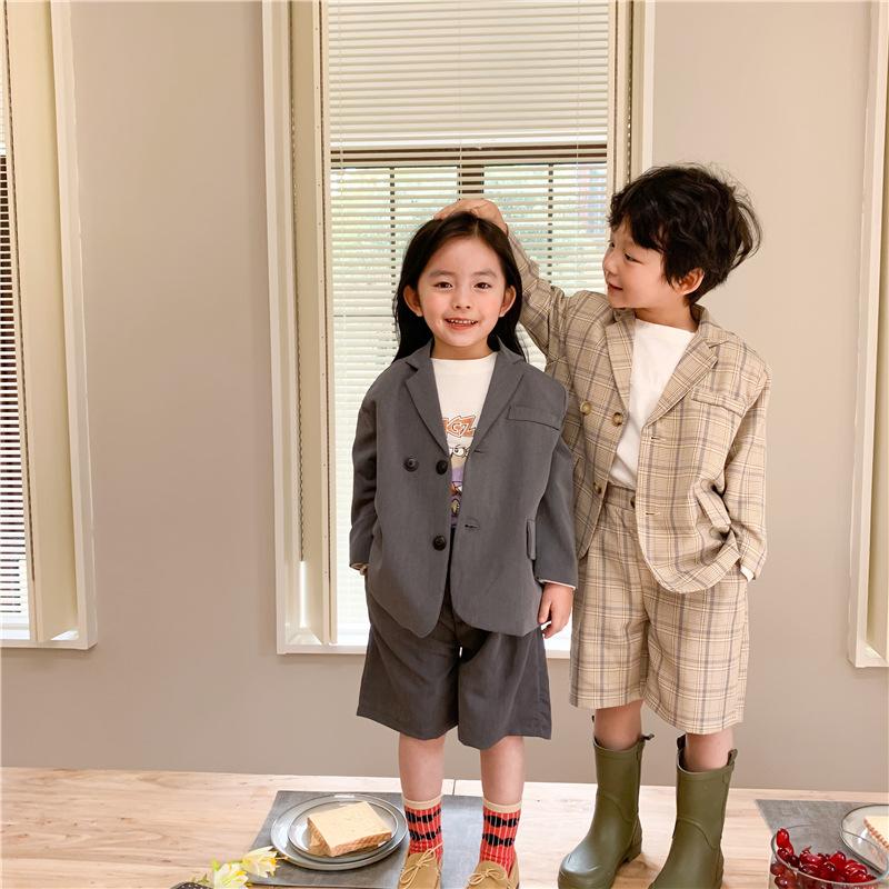 

Clothing Sets Spring Autumn Fashion Unisex Suit Clothes Boys And Girls Plaid Shorts 2pcs, Gray