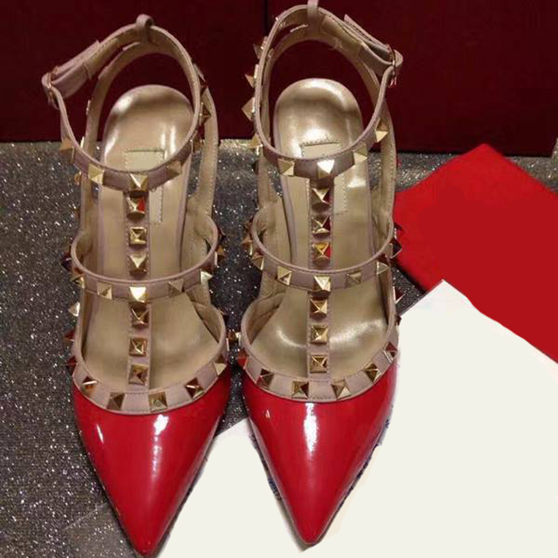 

Sexy Rivets Dress Shoes Patent Leather Pointy T-strap Fashion Wedding Banquet Pumps Flat 9.5CM Thin heel Designer Shoes, 11#