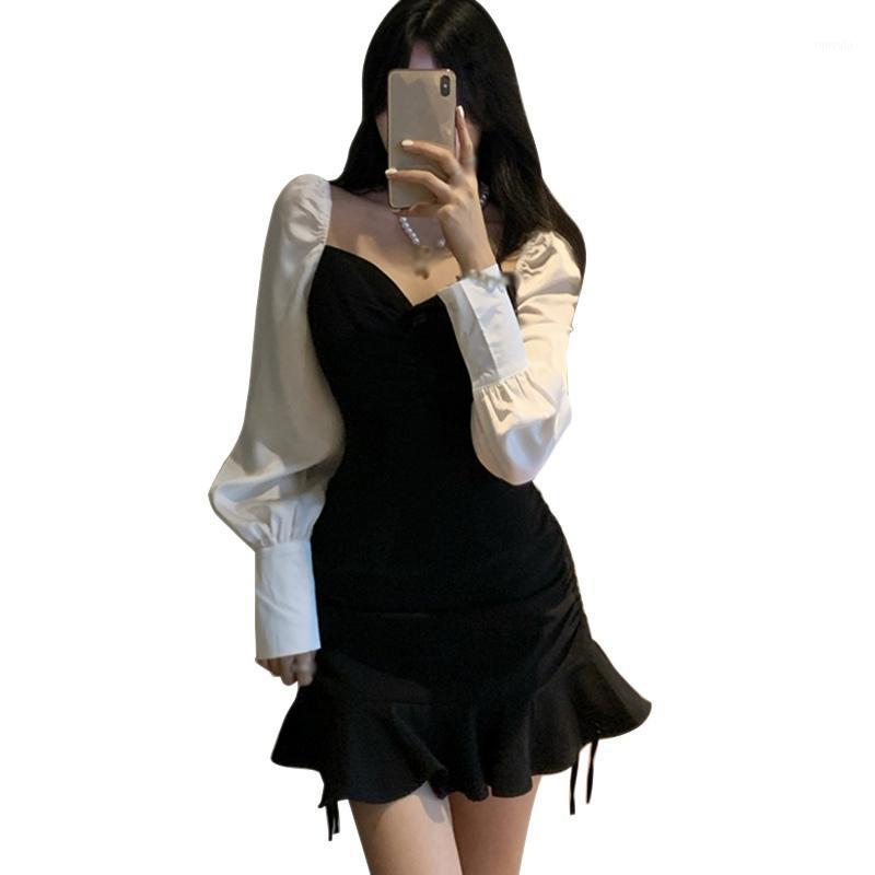 

Autumn Women Sexy Irregular Collar Tight-fitting Dress Long-sleeved Side Rope Design Versatile Stitching Dresses Casual