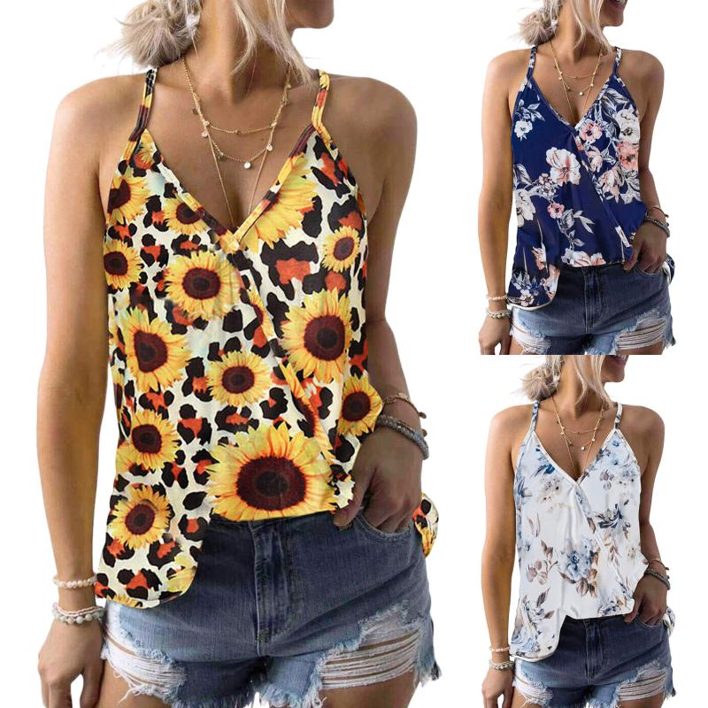 

Women' Tanks & Camis Sexy V Neck Sleeveless Vest T Shirt Top Tank Women Summer Ladies Slim Strap Short Tops Camisole Boho Floral ShirtsWome, Yellow