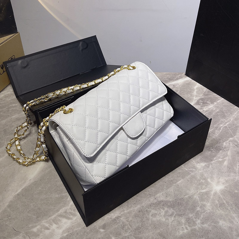 

Ladies Flap Classic Designer Bag Caviar Lambskin Black White Handbag Designers Gold-Tone Metal Chain Hardware Quilted Diamond Quilting Frenc, Box
