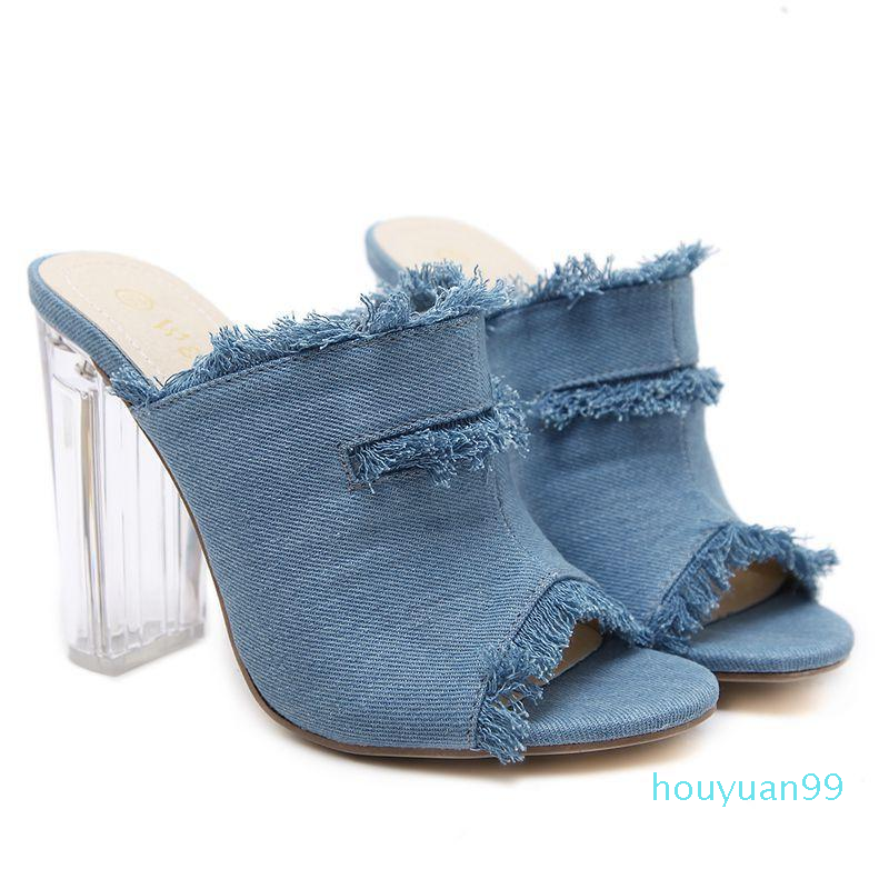 

Fashion Dress Shoes Women's Sandals Summer Open Toe Denim Cut Crystal Thick Super High Heel Slippers, Blue