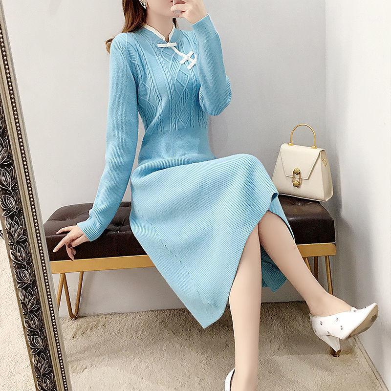 

Casual Dresses 2022 Autumn Winter Knit Sweater Dress Women Plus Size Blue Calf-length Vintage Long Female Clothing X368, Lan