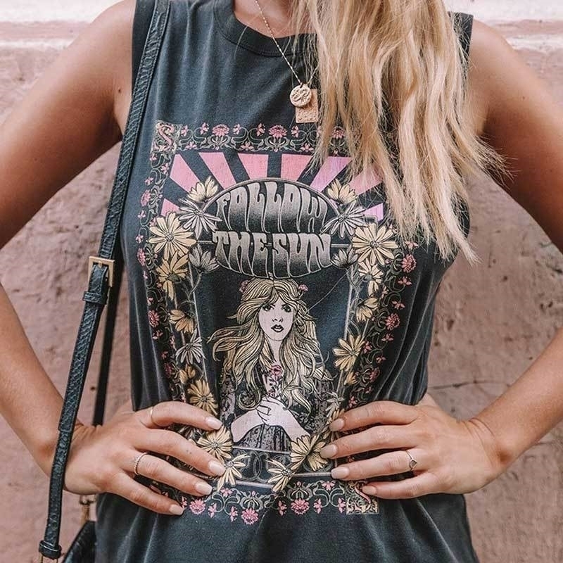 

VINTAGE INSPIRED follow the sun Tee black boho t shirt Oneck spring summer top short sleeve chic women tshirts Y200109, Mint