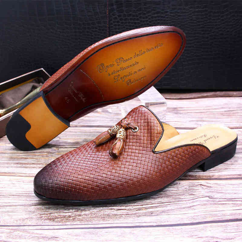 

HBP Dres Shoe Luxury Brand Half Shoe for Men Real Leather Brown Blue Flat Mule Black Casual Men Fashion Mocassin Homme Chausure 220723