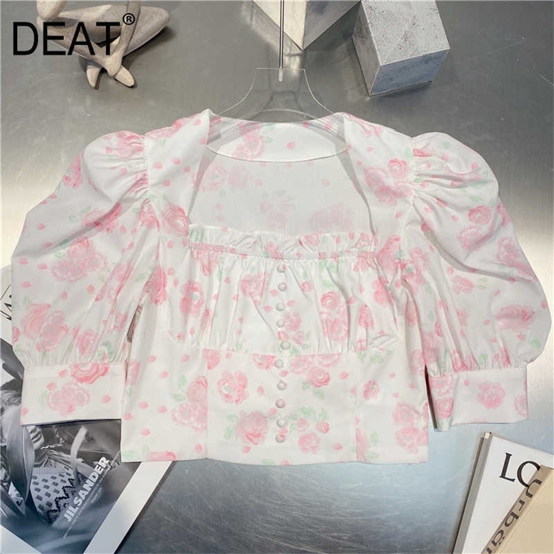 

DEAT Women Printign Ruffles T-shirt Arrivals Square Collar Puff Sleeve Temperament Fashion Spring Summer 11D977 210709, Picture color