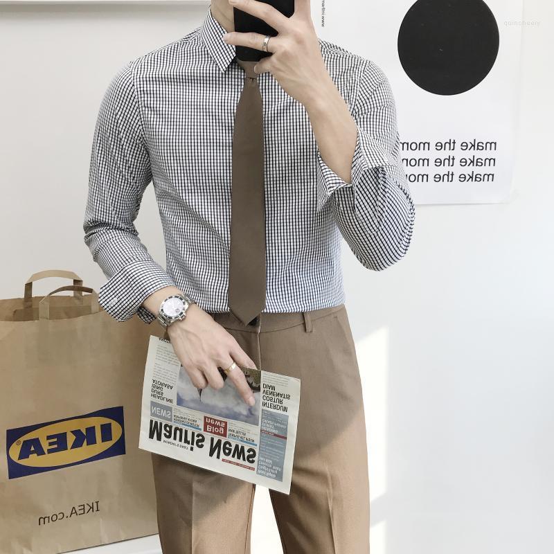 

Men's Dress Shirts Spring Men Turn-down Collar Plaid Men's Slim Fit Business Casual Long Sleeve G115Men's Quin22, White