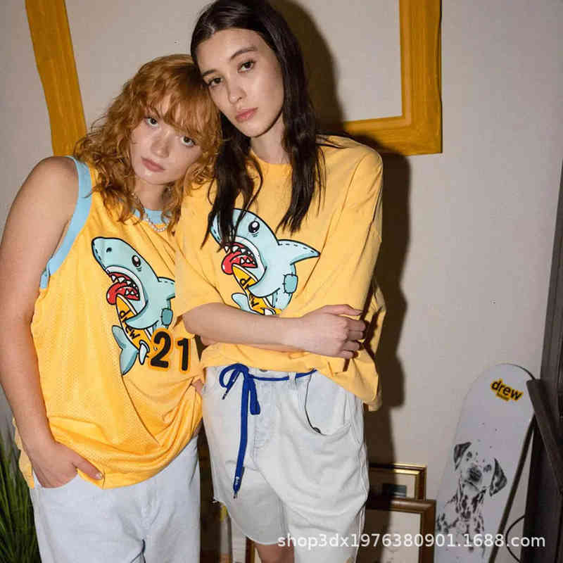 

Men' T-Shirts High quality drew smiley face shark xiaozhongchao brand T-shirt American high street men and women couple fog loose cotton short sleeve CLZ0, Extra not product