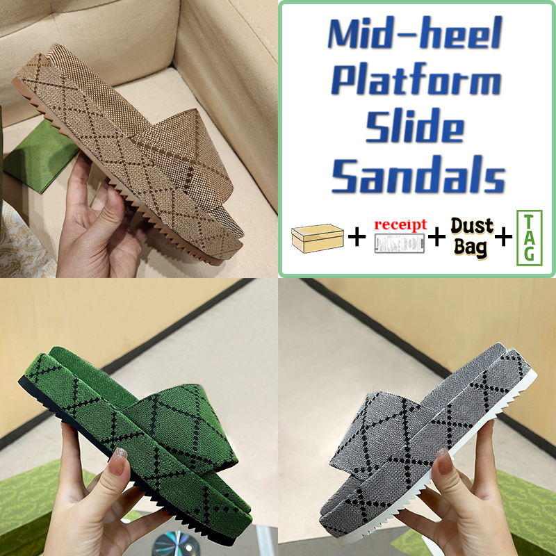 

Mid-heel Platform Slippers Summer Beach Sandals xAd Beige Blue Dark Green Mouse Printed Canvas OG Men Women Designer Slides With Box, Double shoe box