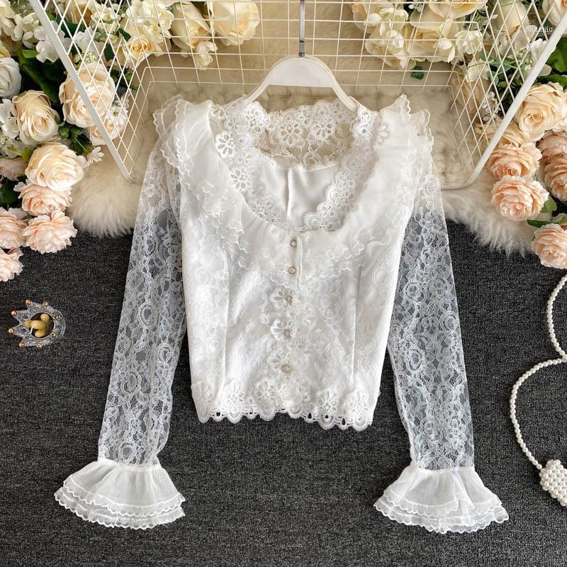 

Lady Fashion Elegant Cutout Lace Long Flare Sleeve High Waist Short Shirt Tops Women Korean Clothing Blouse H850